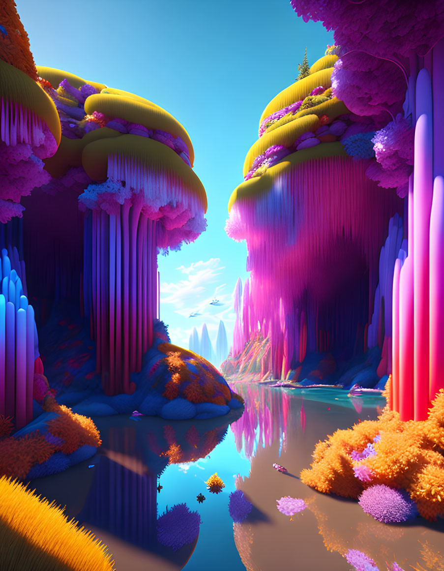 Fantasy landscape with pink and purple stalactites, orange foliage, serene river, and blue sky