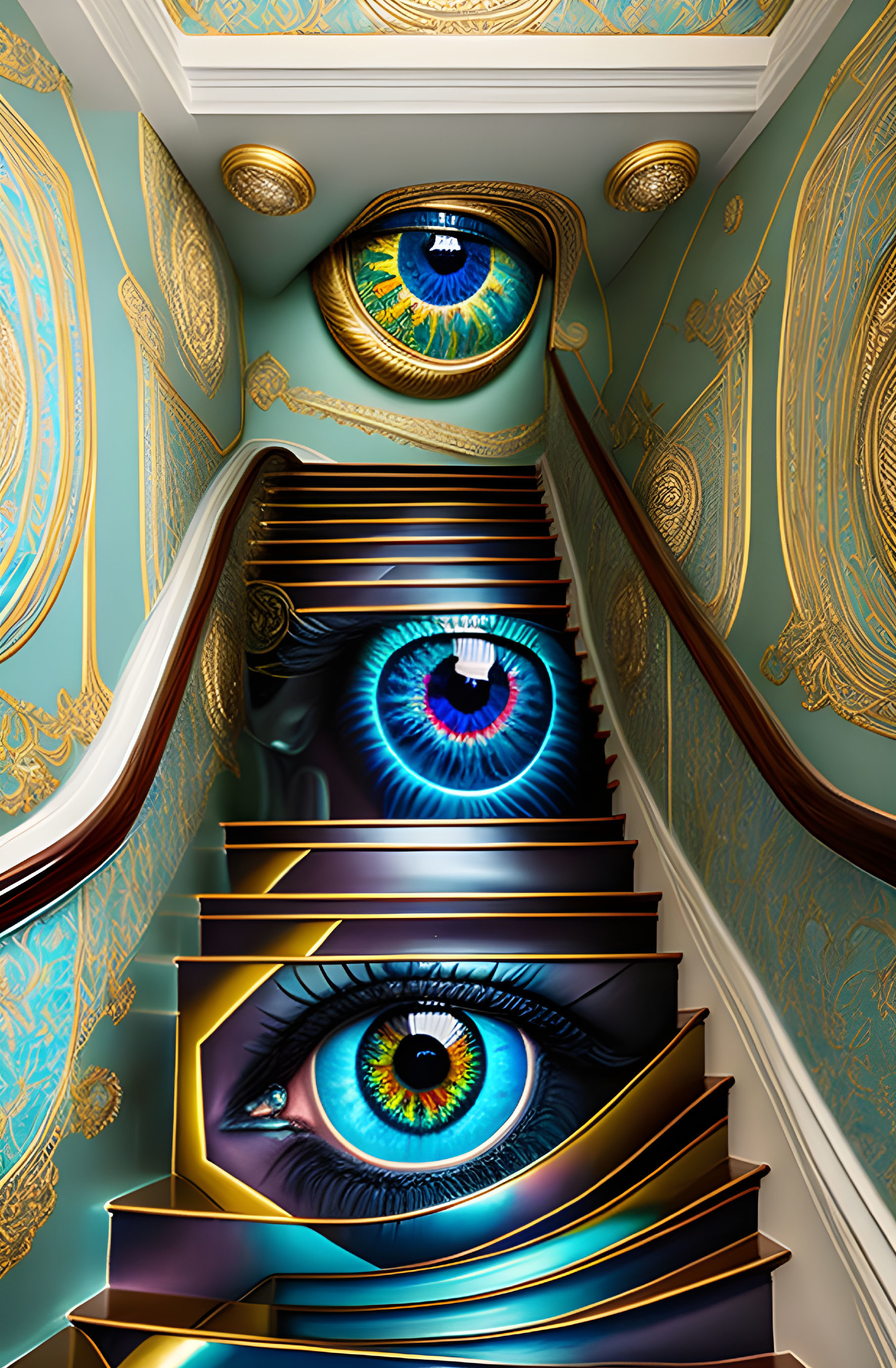 Ornate staircase with vibrant eye-painted steps and golden wall designs