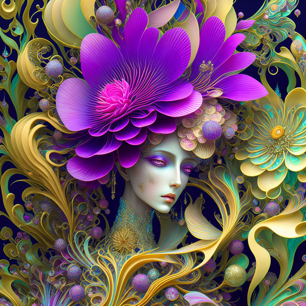 Digital artwork featuring woman with purple flower hat and intricate floral patterns