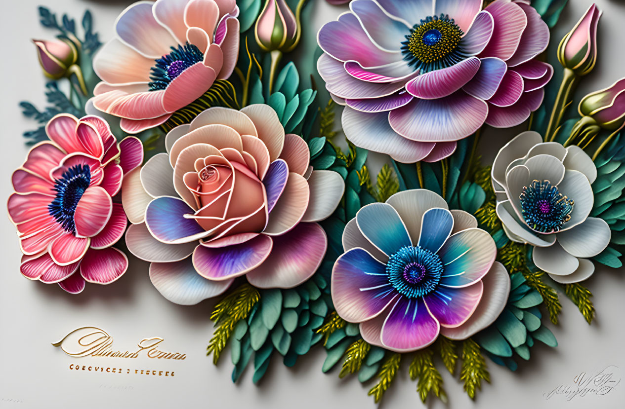 Colorful 3D floral illustration with intricate details and textured background