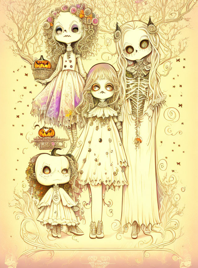 Four stylized skull-faced characters in Halloween attire with floral and pumpkin motifs, surrounded by stars and vines