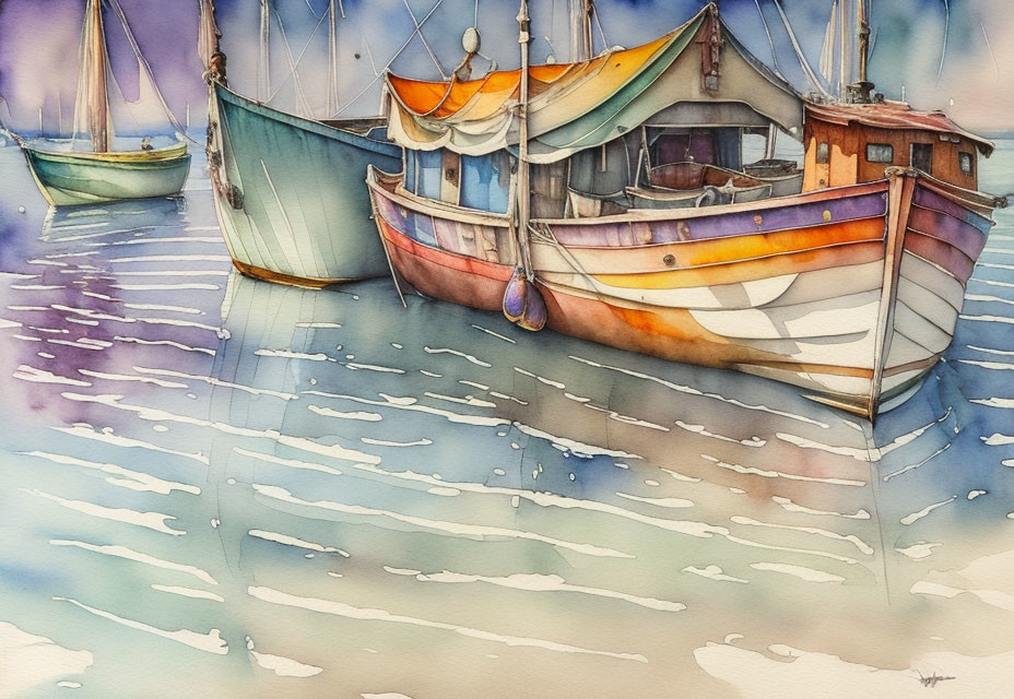 Vibrant watercolor painting of two boats on shimmering water