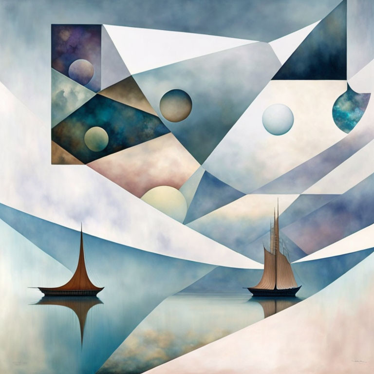 Geometric shapes and cosmic textures with floating boats on serene water