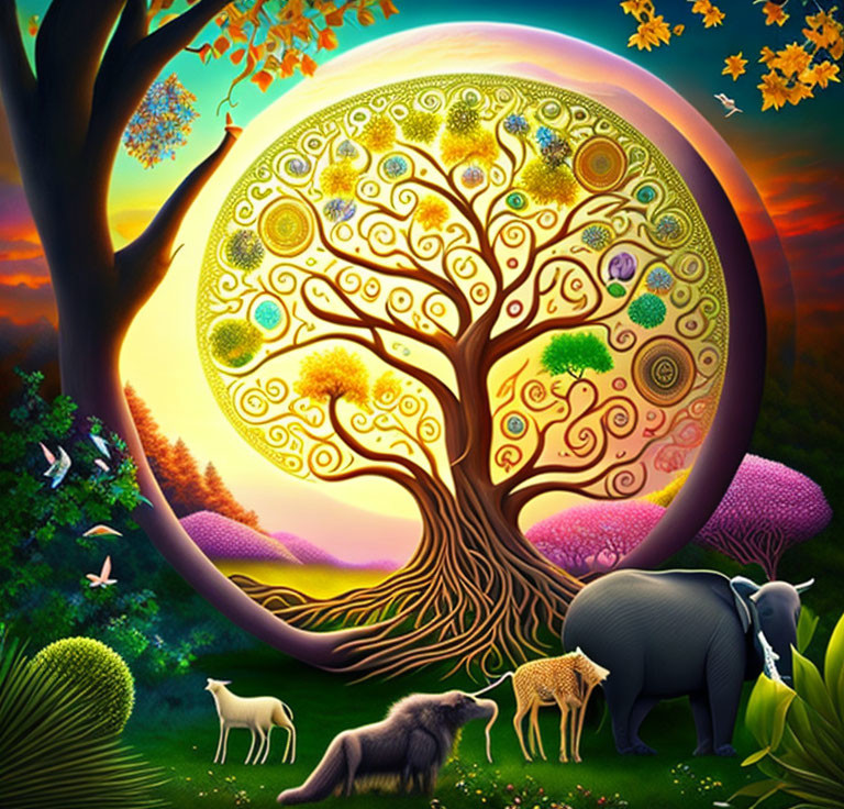 Colorful Artwork: Whimsical Tree & Animals in Fantasy Sunset Landscape