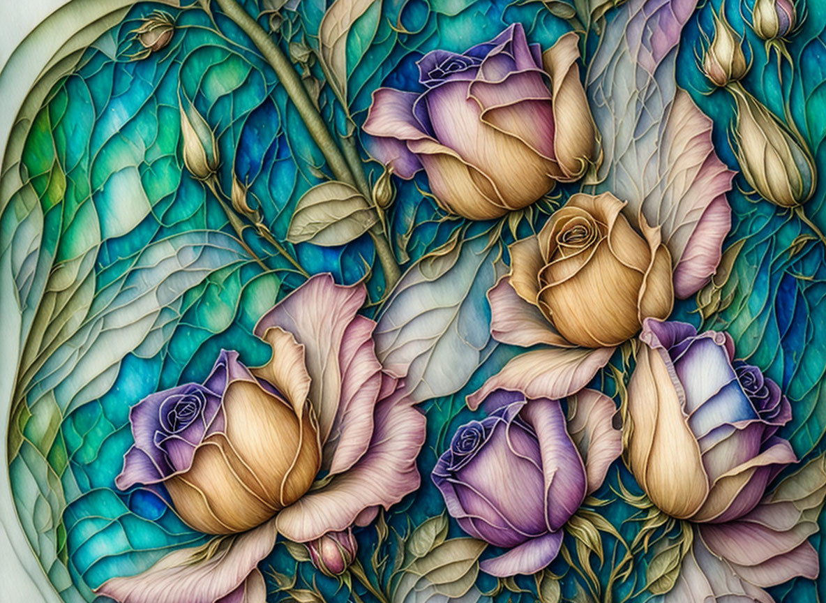 Colorful rose and leaf stained glass illustration