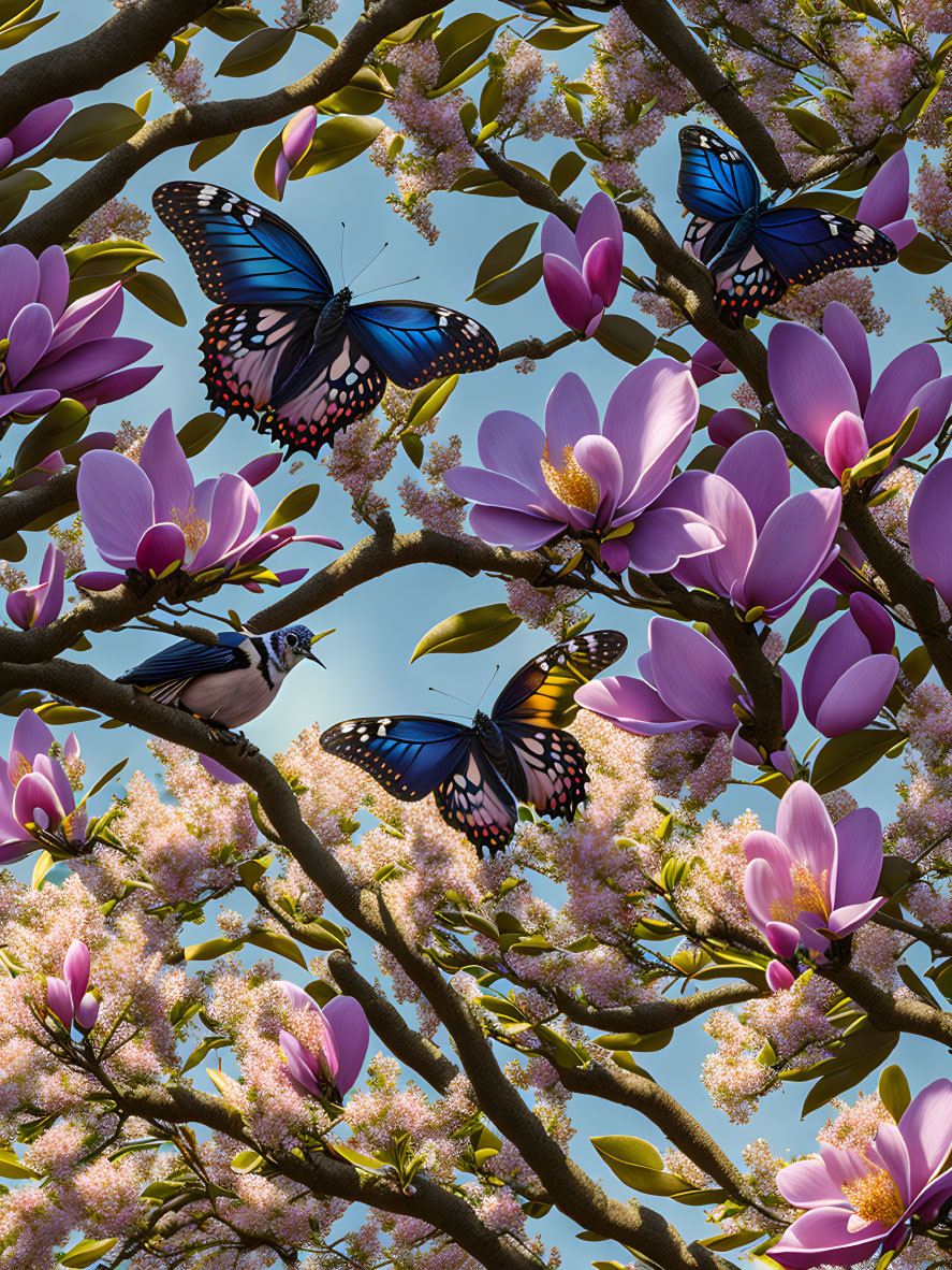 Blue butterflies on magnolia tree with pink blossoms under clear sky