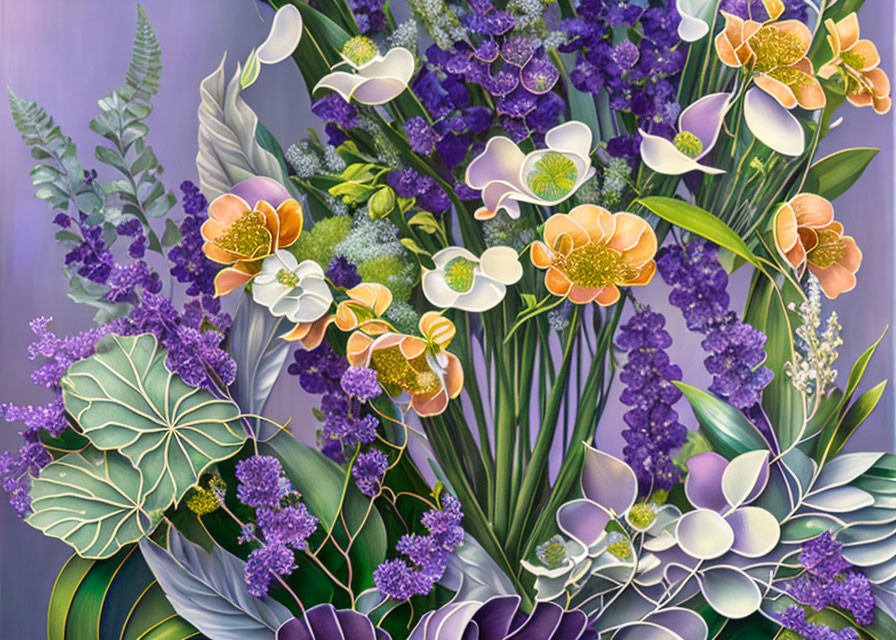 Colorful floral painting with calla lilies, orange blossoms, and purple flowers on gray background