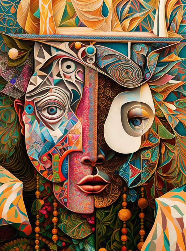 Abstract, colorful face artwork with intricate patterns