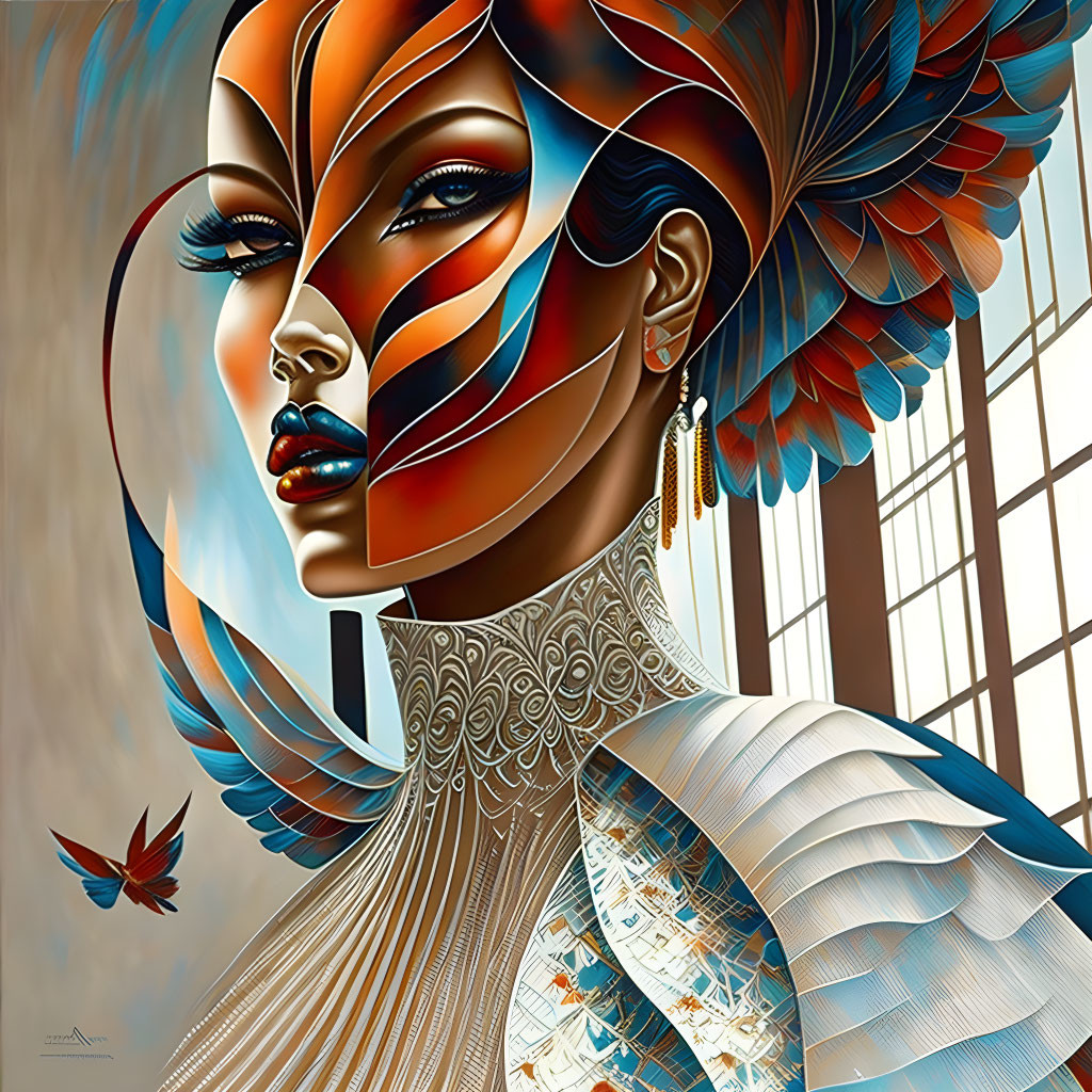 Colorful stylized woman with feather-like patterns and architectural elements.