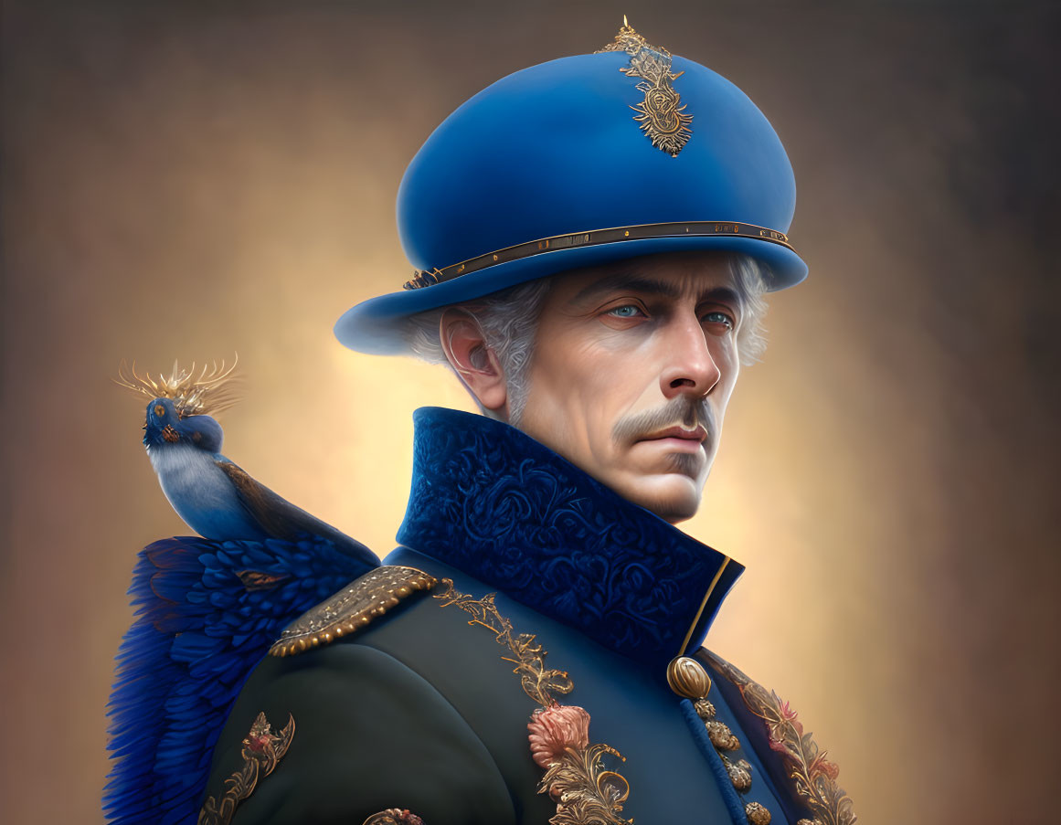 Portrait of stern gentleman in blue military uniform with bird on shoulder