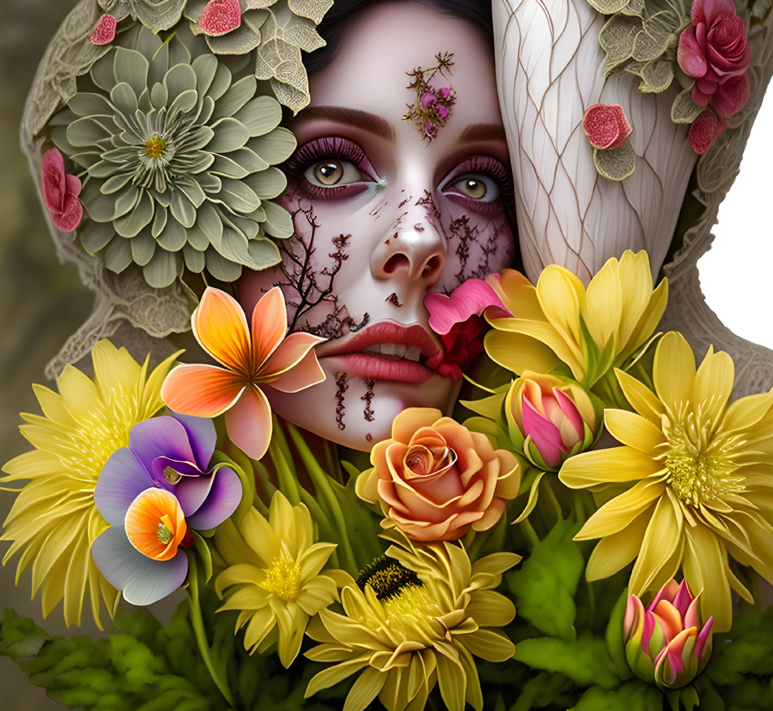 Colorful Fantasy Portrait Blending Nature and Beauty