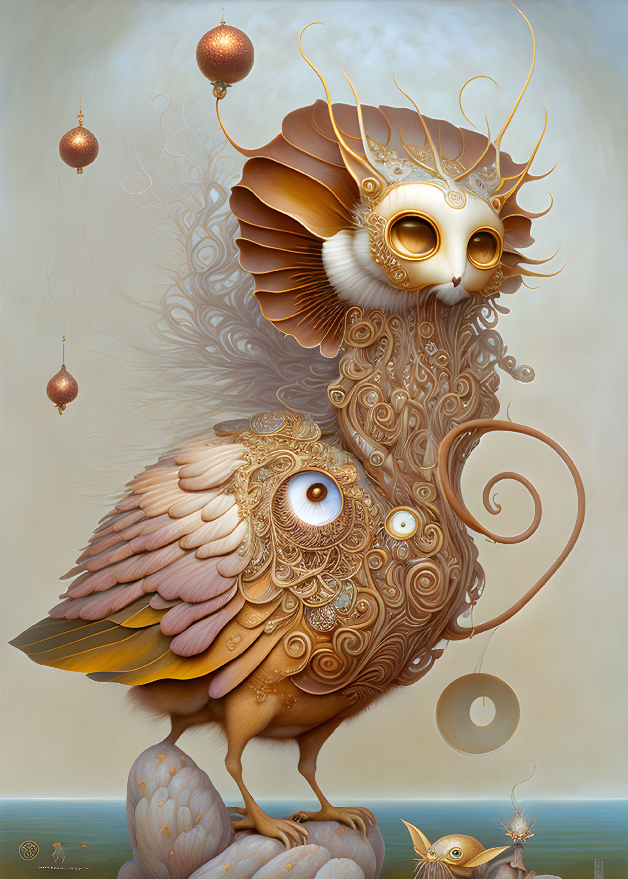 Intricate surreal owl art with captivating eyes and golden accents