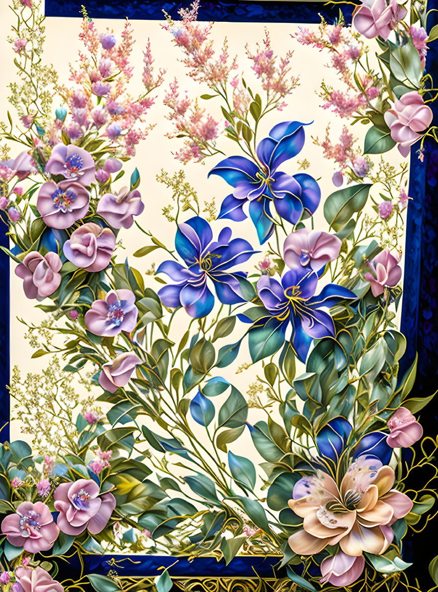 Colorful Floral Pattern with Pink and Blue Flowers on Navy Background