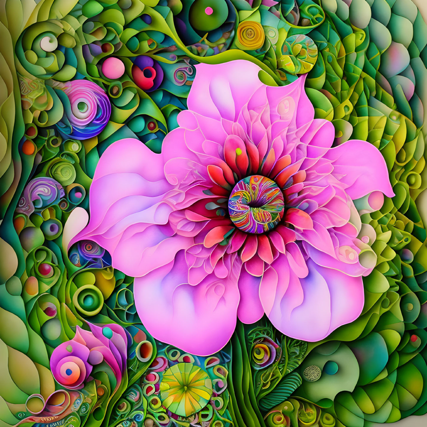 Colorful digital artwork: Pink flower in green swirls