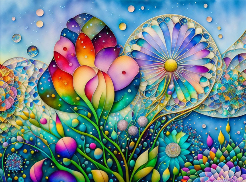 Colorful abstract foliage and flowers on blue backdrop with bubbles