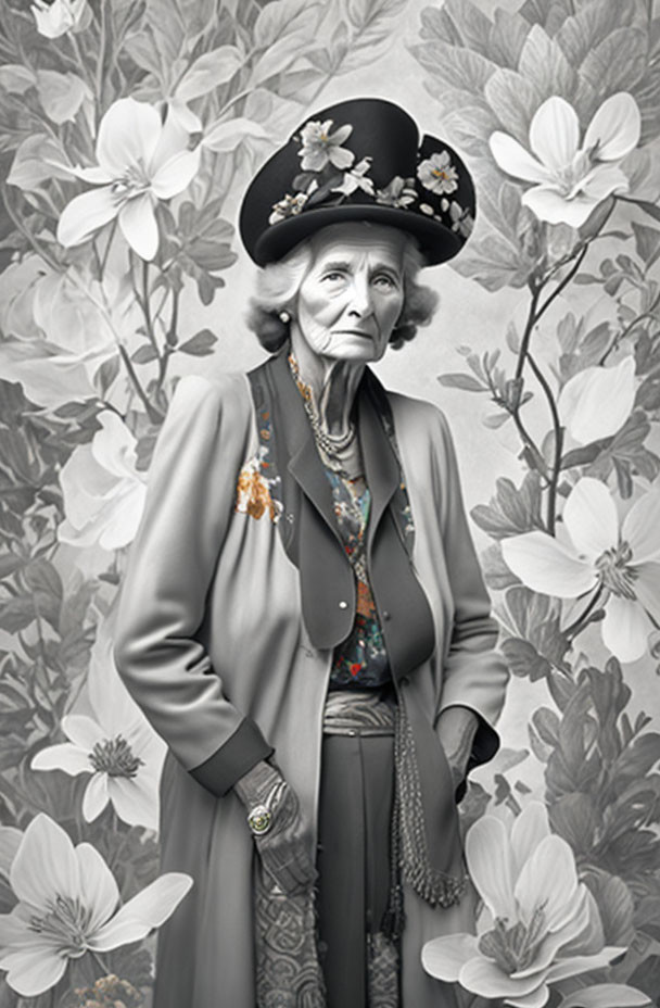 Elderly woman in black hat and gray coat against floral background