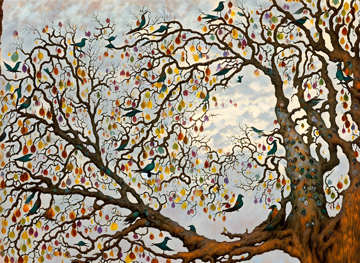 Colorful Tree Artwork with Birds and Intricate Patterns