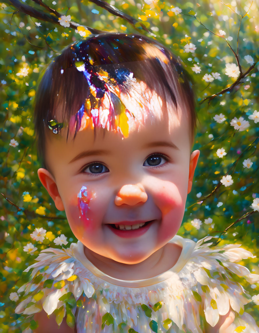 Smiling toddler with paint surrounded by flowers and foliage