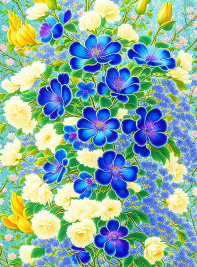 Colorful Floral Arrangement with Blue, Yellow, and Purple Blooms