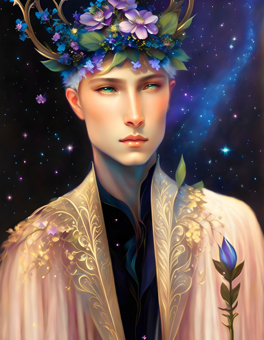 Ethereal beauty portrait with floral crown and golden attire