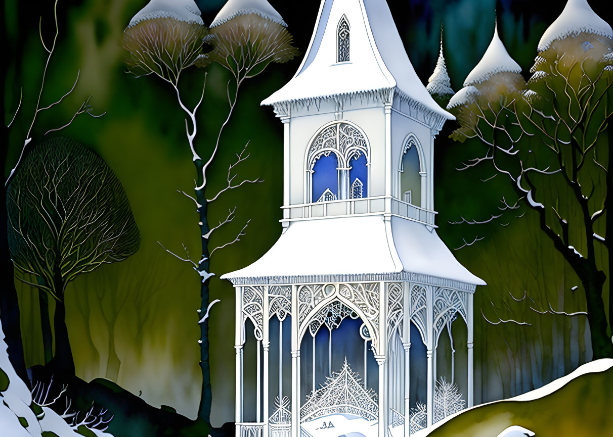 Detailed White Gazebo with Gothic Architecture in Snowy Landscape