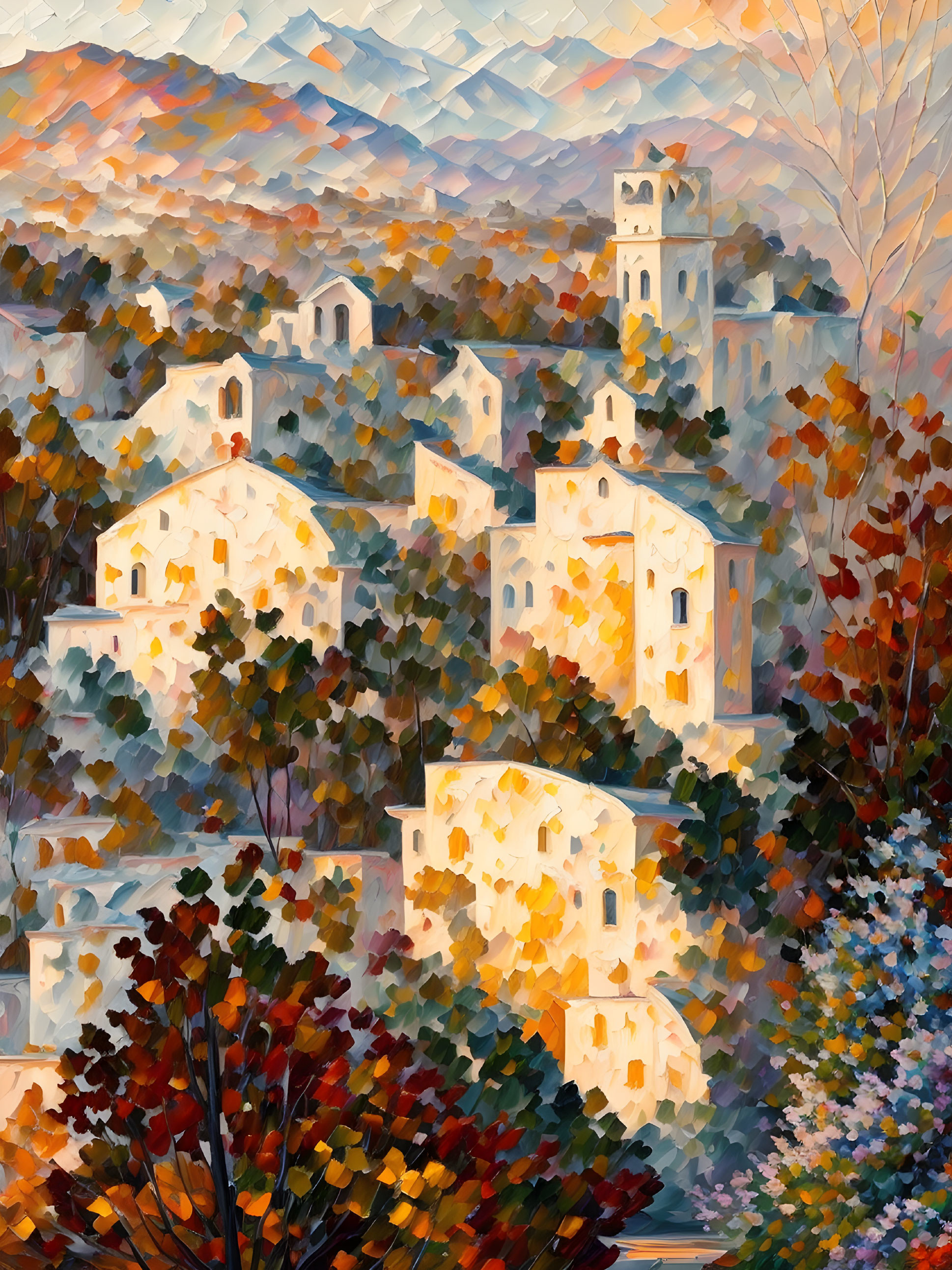 Vibrant autumn village painting with warm tones & impressionistic style