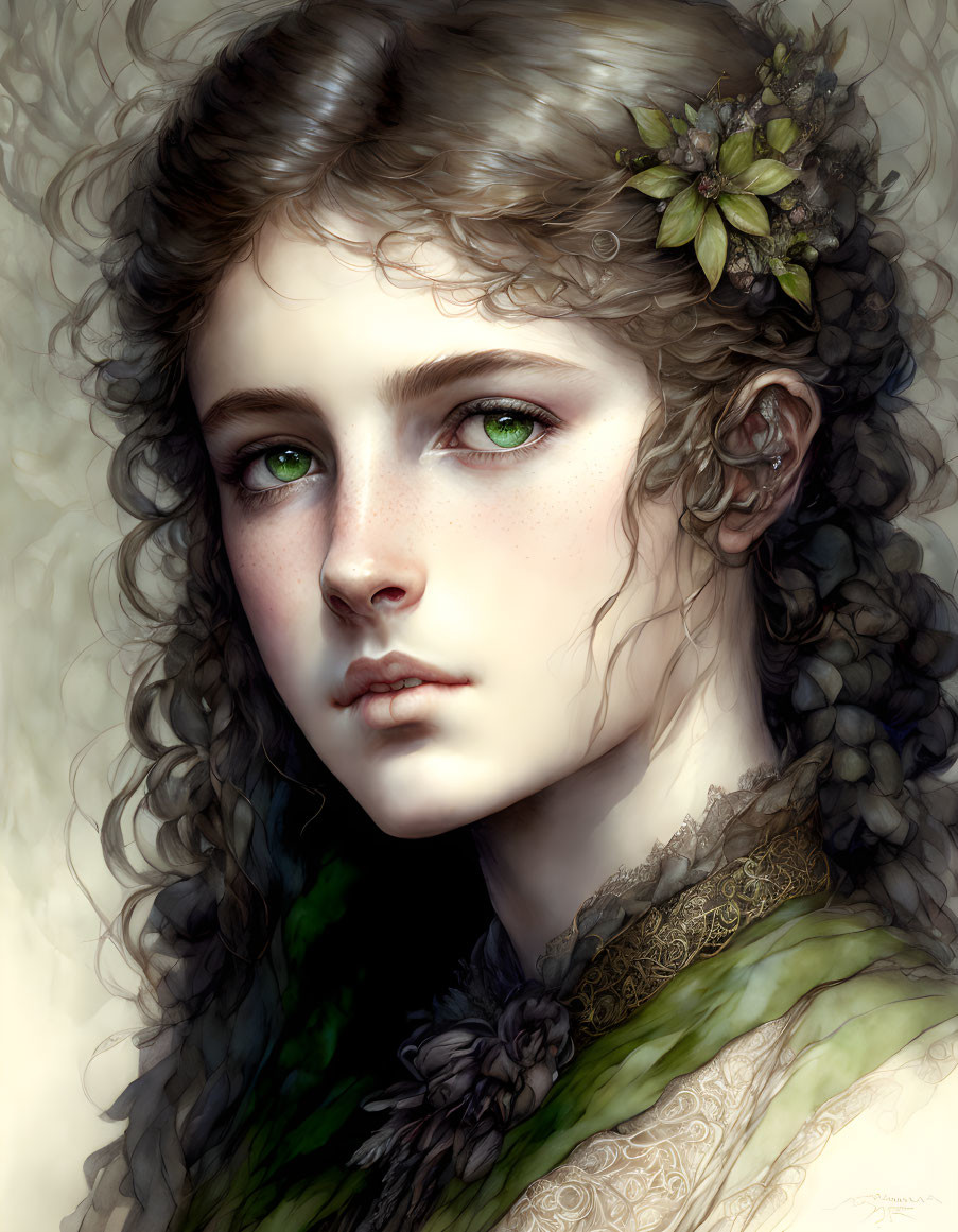 Young woman digital painting: intricate curly hair, green eyes, adorned with foliage, Victorian style beauty