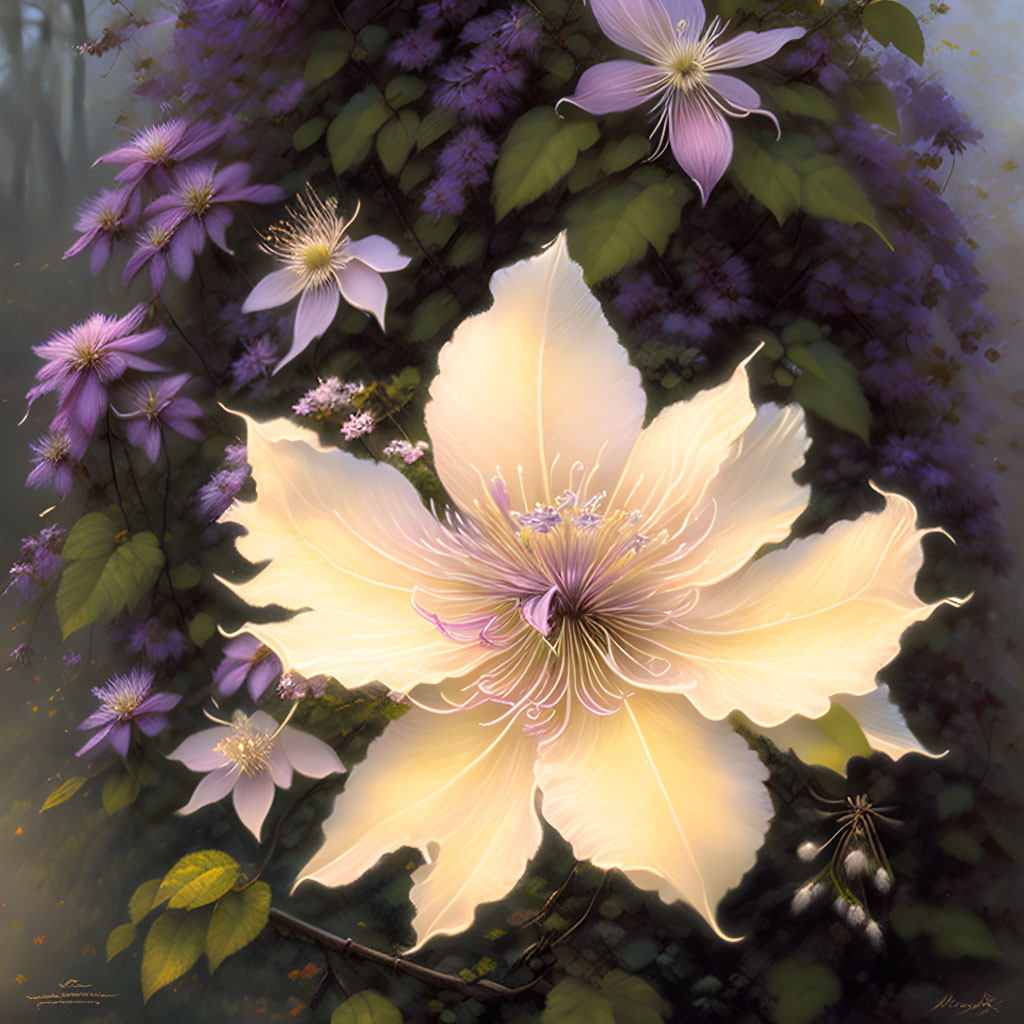 Detailed Digital Art: Large Cream Flower Among Purple Flowers in Misty Forest