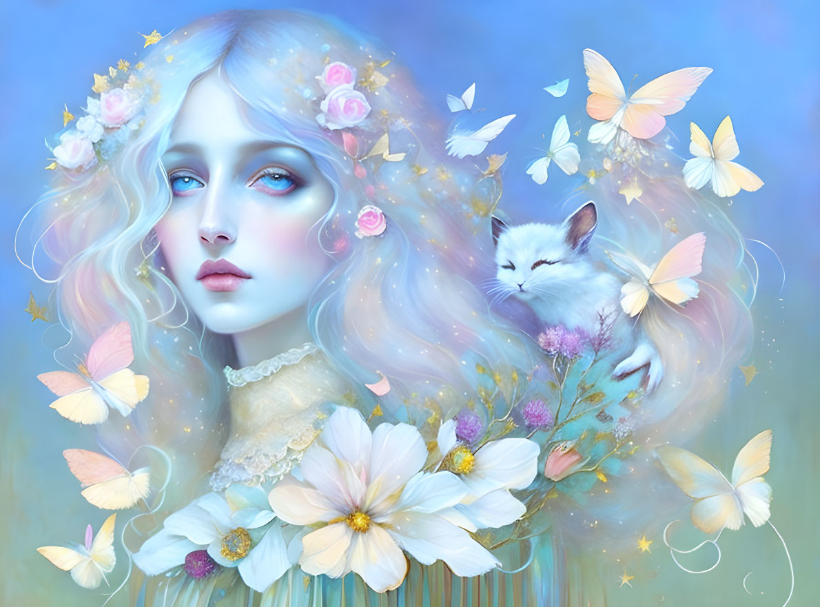 Surreal portrait of woman with golden hair, butterflies, flowers, sleeping kitten