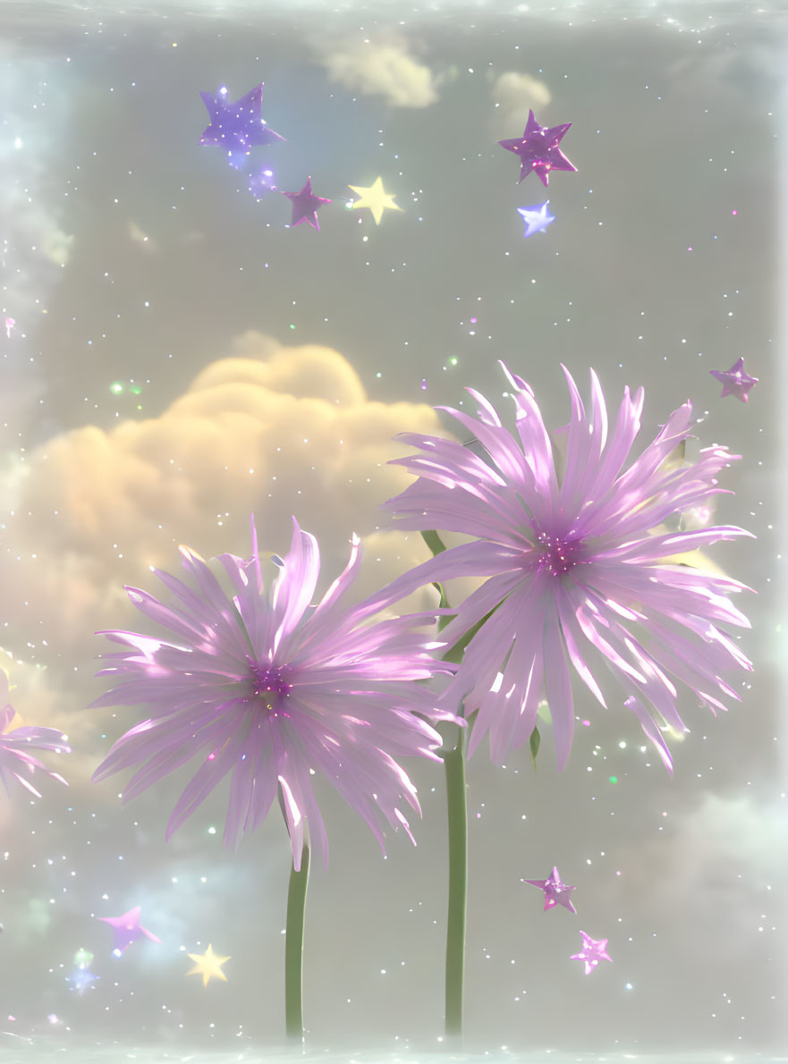 Ethereal purple flowers in dreamy pastel sky