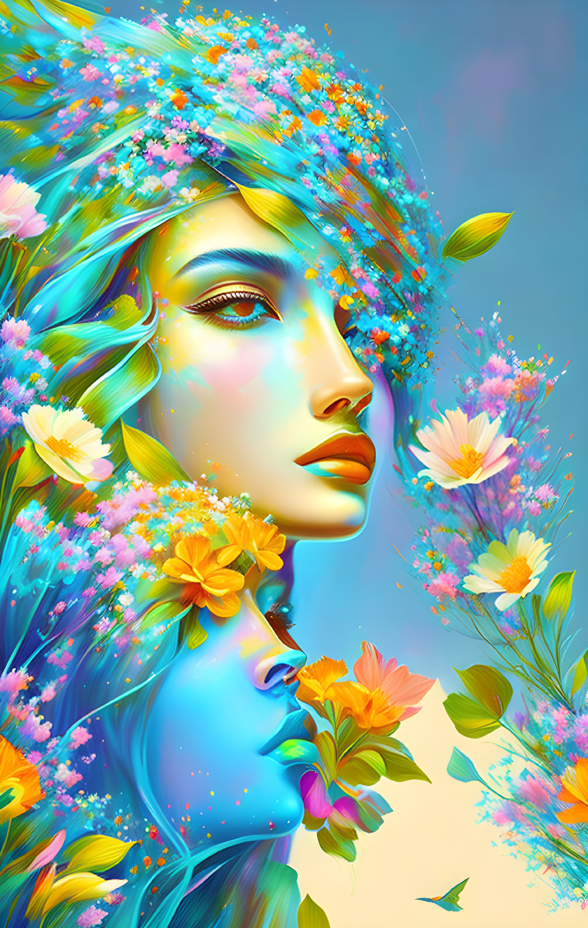 Colorful woman with floral hair in digital artwork