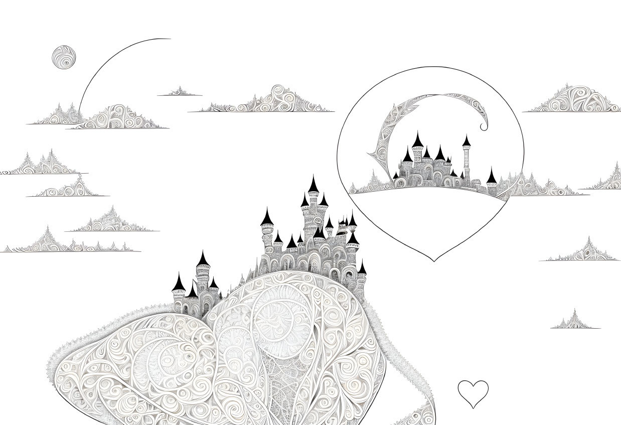 Decorative monochrome fantasy landscape with intricate castles and swirling patterns.