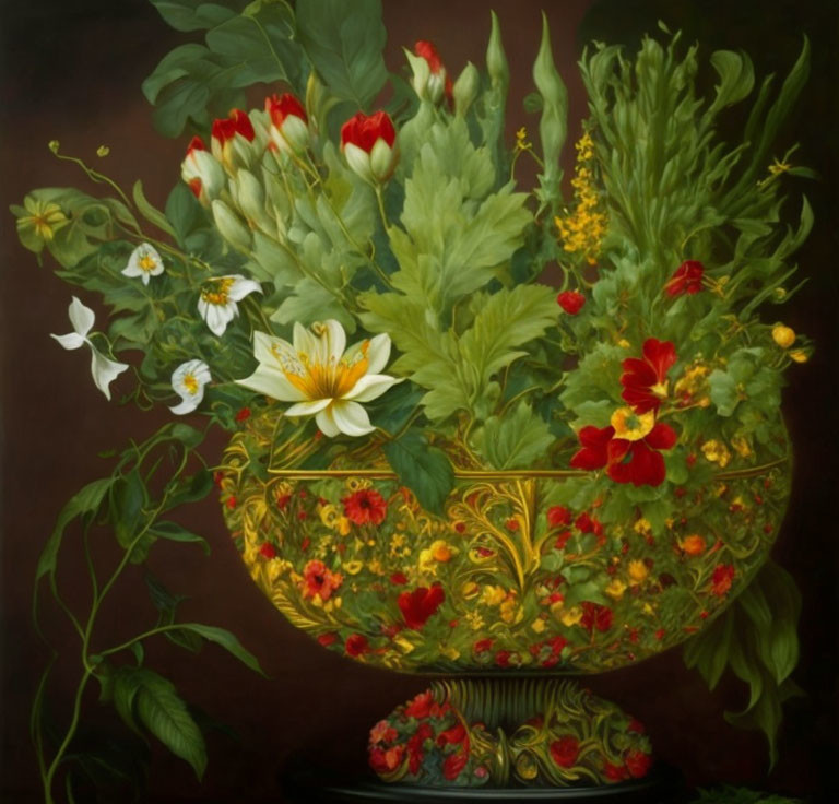 Colorful flowers in ornate vase on dark background