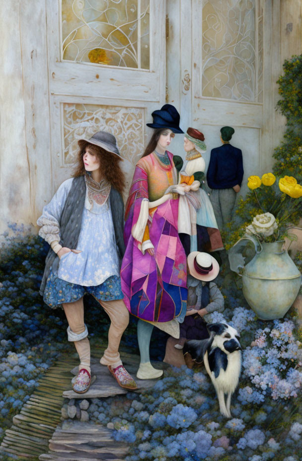 Vintage-styled women with dog and flowers by door