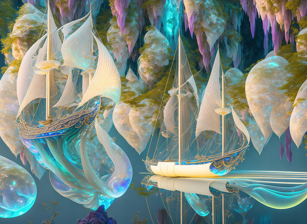 Ornate ships floating above scroll in surreal cave setting