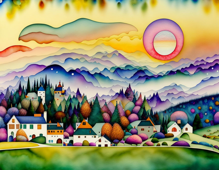 Vibrant landscape painting: rolling hills, village, trees, sunset.