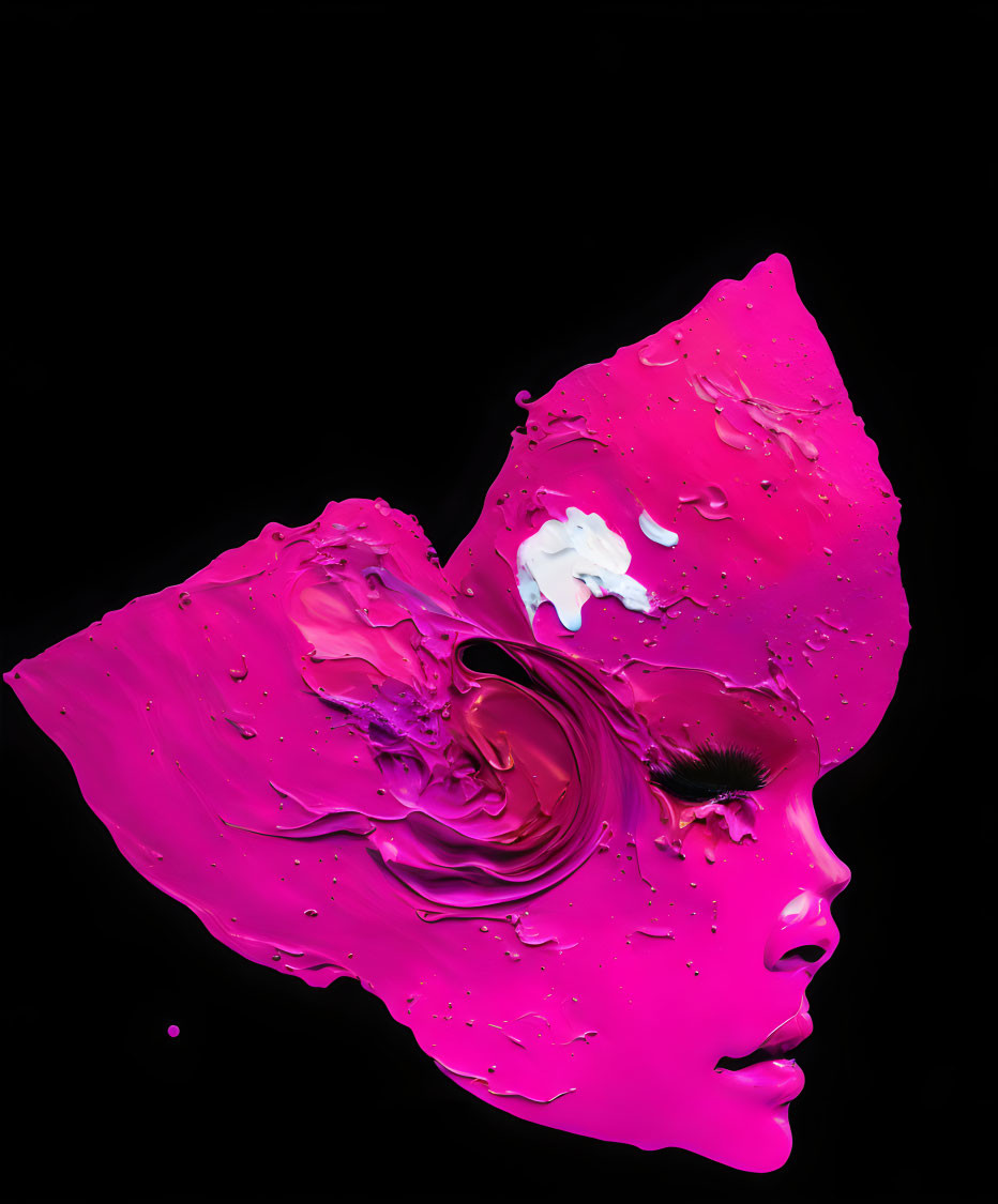 Abstract magenta profile blending with vibrant textures on black background