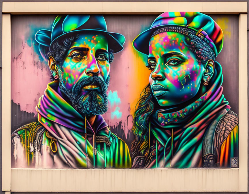 Colorful street art mural featuring man and woman with paint-splattered faces on pink background