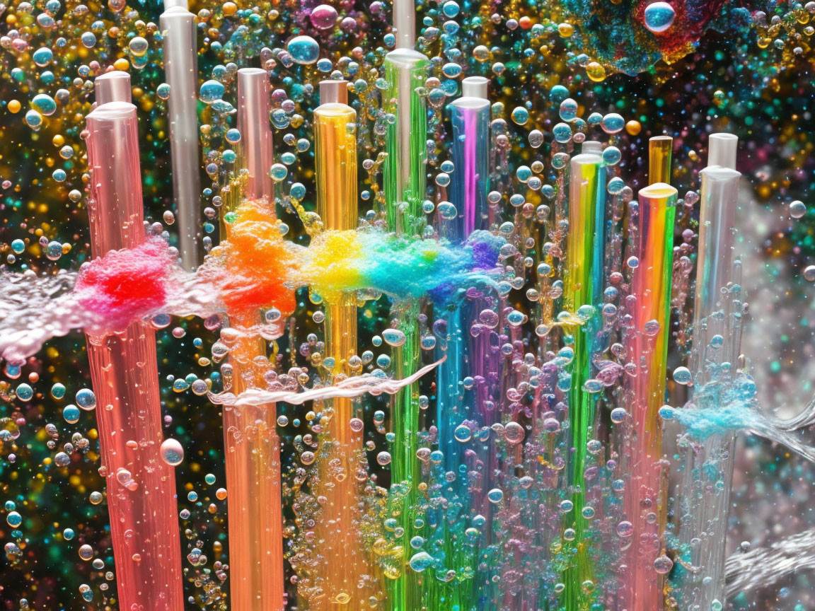 Vibrant chemical reaction in colorful test tubes with bubbles