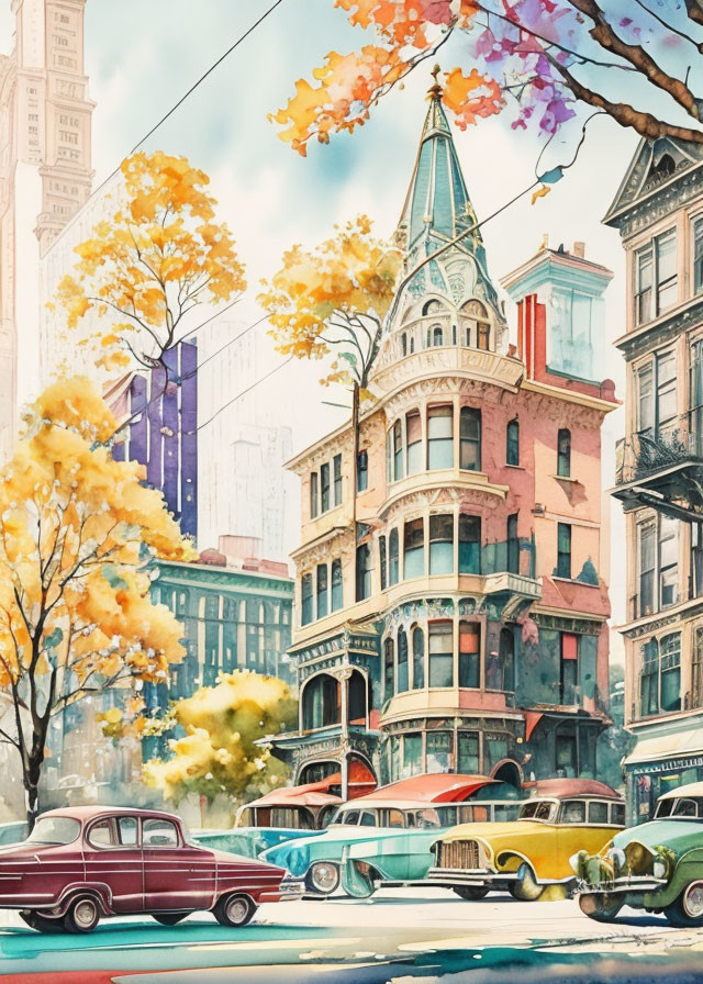 Colorful Watercolor Illustration of Vintage Cars and Autumn Foliage in Classical Setting