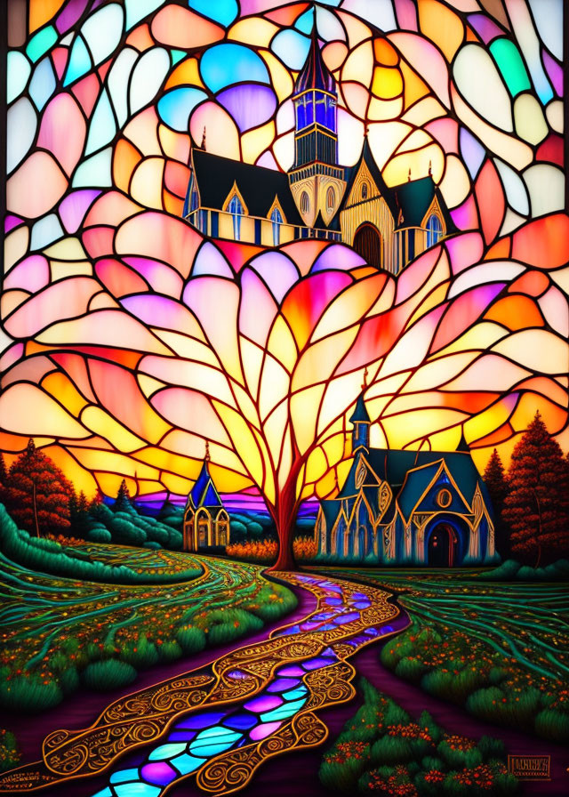 Colorful tree and church in stained glass style.