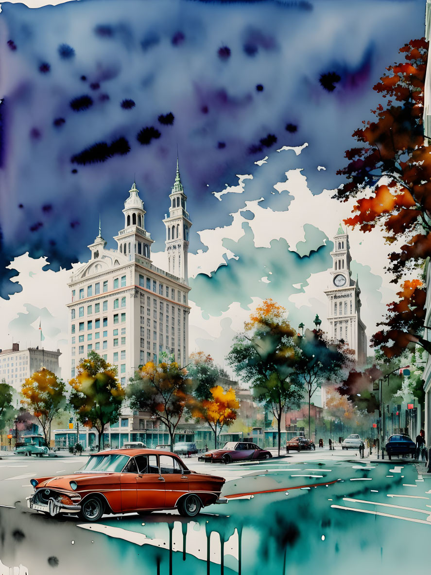 Vibrant cityscape with vintage car and iconic buildings under artistic sky