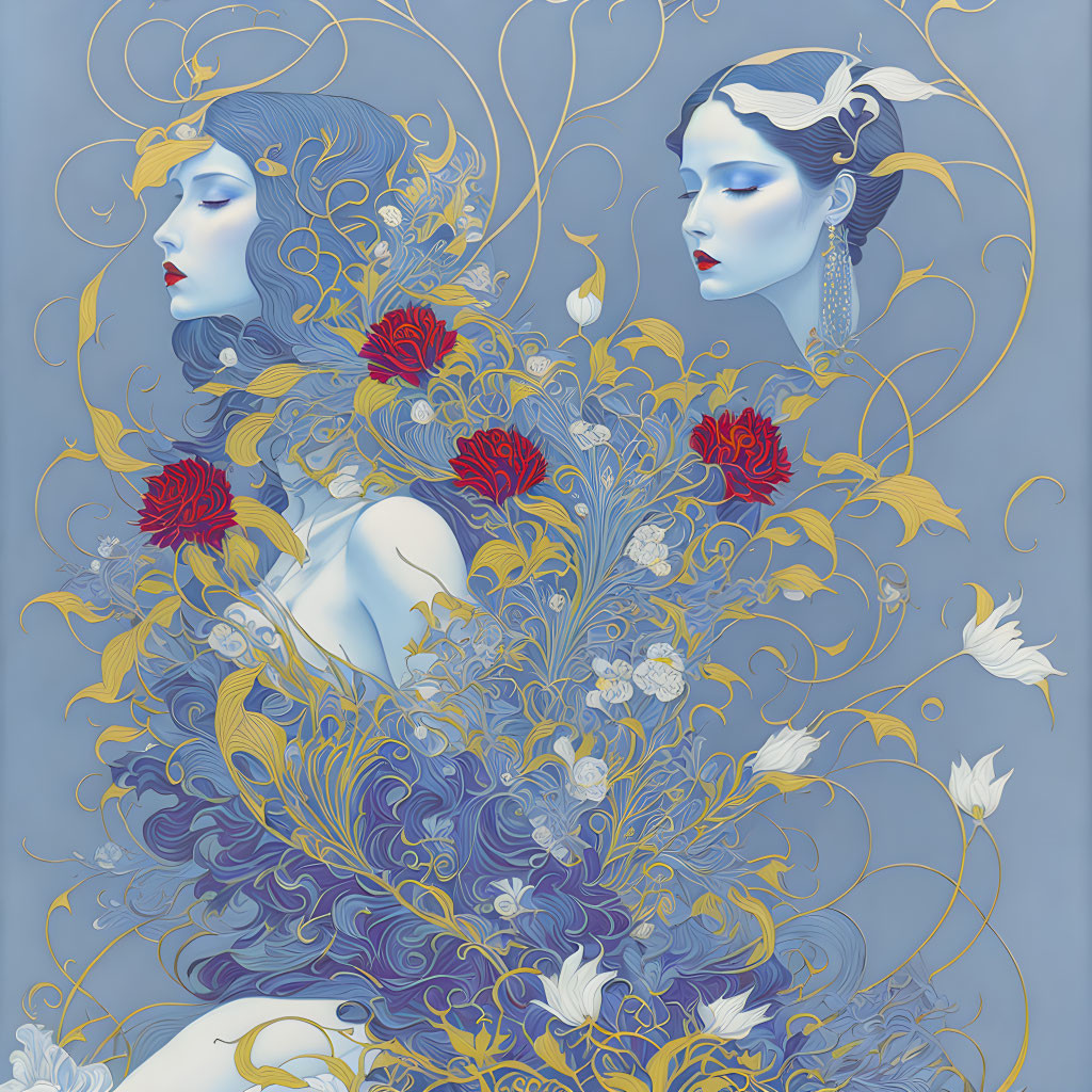 Stylized female figures with golden floral patterns on blue background