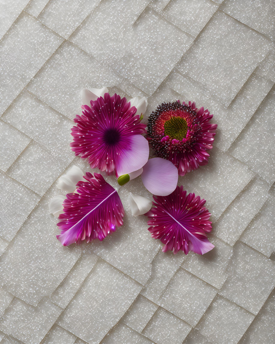 Purple Flowers and Petals on Textured White Tile with Sugar Granules