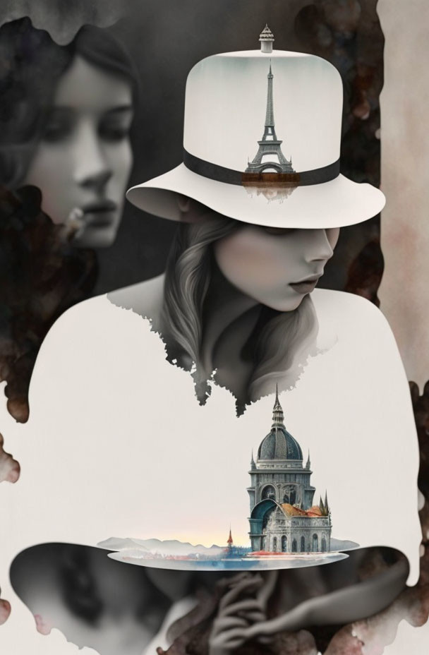 Surreal watercolor blend with woman's silhouette and Eiffel Tower