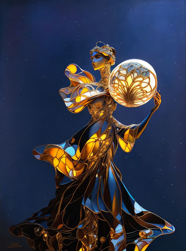 Stylized regal female figure in golden and blue attire with luminescent orb on starry