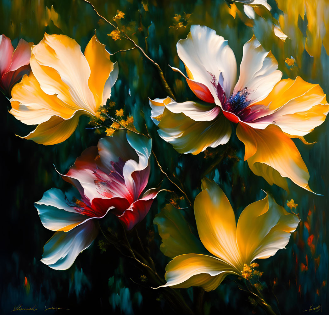 Colorful Stylized Painting of Large Flowers on Dark Background