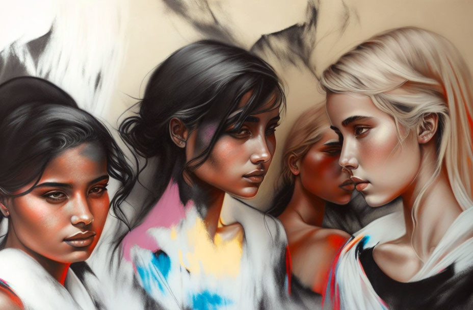 Vibrant illustration of five women with diverse skin tones and detailed facial expressions