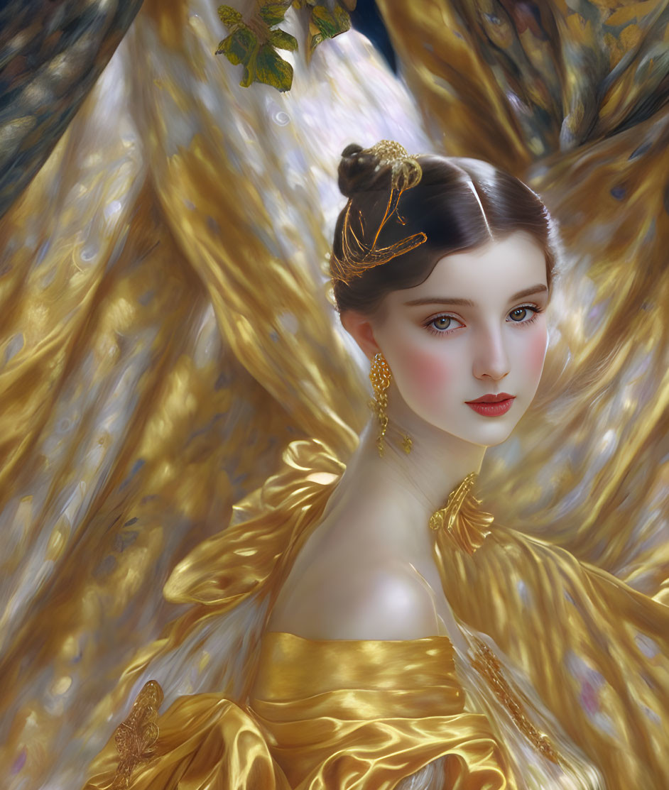 Portrait of woman with pale skin, gold jewelry, and intricate golden dress