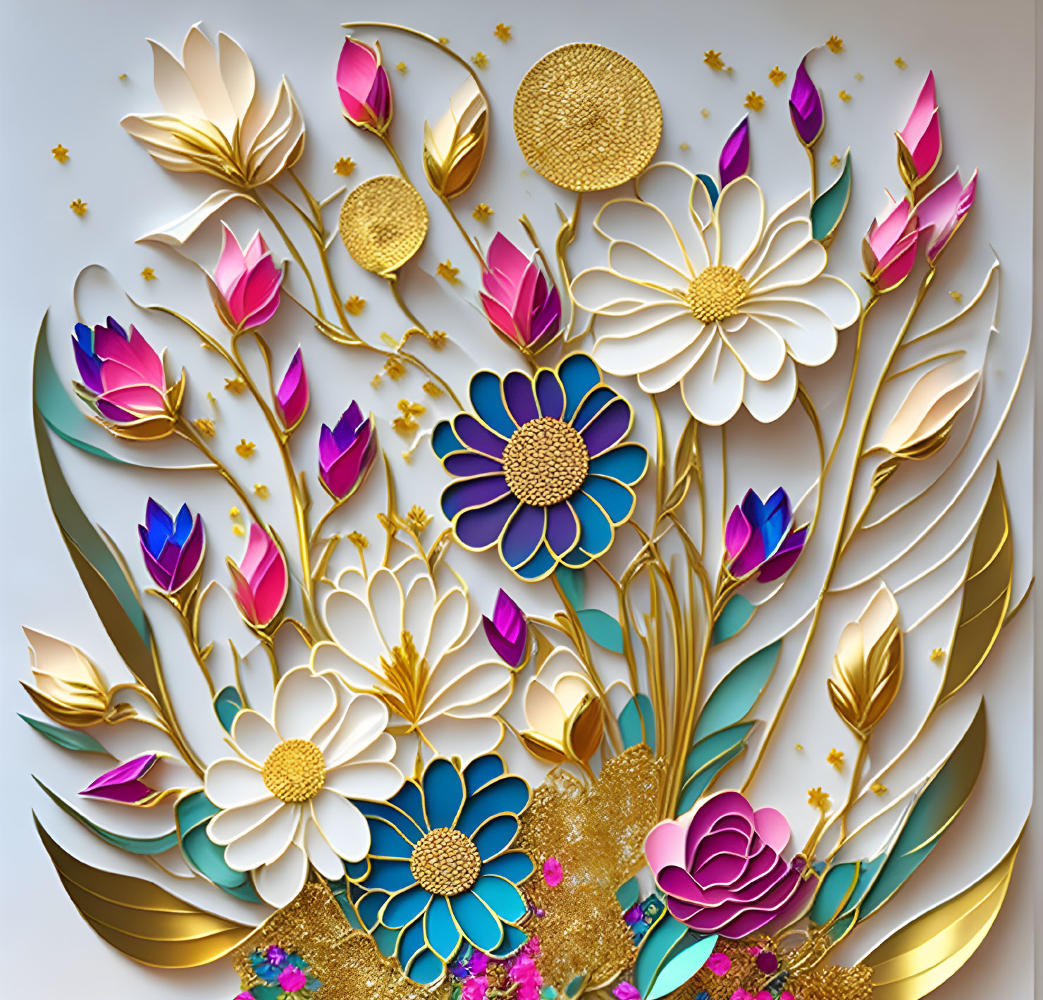 Vibrant 3D paper flower art with gold, white, blue, and pink layers on